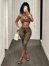 Leopard Print Halterneck Top Seventh Pants Suit GFCF-1505