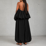 Plus Size Solid Color Sling Loose Backless Pants Suit NNWF-8193