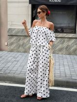 One Shoulder Polka Dot Print Two Piece Pants Set SHD-8502