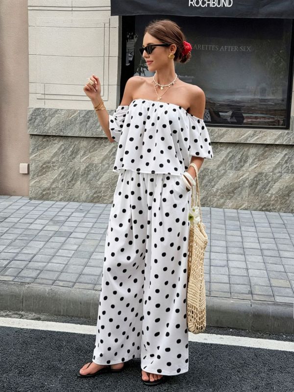 One Shoulder Polka Dot Print Two Piece Pants Set SHD-8502