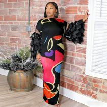 Feather Patchwork Print Maxi Dress NNWF-11003