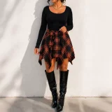Solid Long Sleeve Top Irregular Print Skirt Suit HNIF-HN104