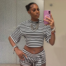 Stripe Long Sleeve T Shirt Short 2 Piece Set XEF-K6S13039A
