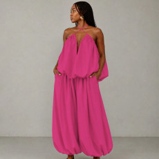 Plus Size Solid Color Sling Loose Backless Pants Suit NNWF-8193