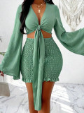 Long Sleeve Tie Up Mini Skirt 2 Piece Set HNIF-SY045