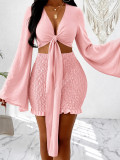 Long Sleeve Tie Up Mini Skirt 2 Piece Set HNIF-SY045