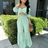 Puff-Sleeve Crop Top Ruffles Pants 2 Piece Set HNIF-YM075