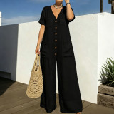 Plus Size Solid Color Short Sleeve Casual Jumpsuit NNWF-8175