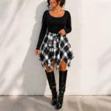 Solid Long Sleeve Top Irregular Print Skirt Suit HNIF-HN104