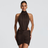 Sleeveless Halterneck Backless Ruched Mini Dress GSZM-J26DS292