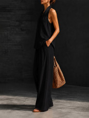 Halterneck Sleeveless Shirt Wide Leg Pants Suit HNIF-TY042