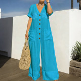 Plus Size Solid Color Short Sleeve Casual Jumpsuit NNWF-8175