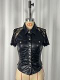 Lace Patchwork PU Leather Shirt GWDS-260421