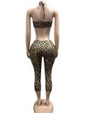 Leopard Print Halterneck Top Seventh Pants Suit GFCF-1505