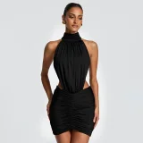 Sleeveless Halterneck Backless Ruched Mini Dress GSZM-J26DS292