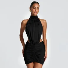 Sleeveless Halterneck Backless Ruched Mini Dress GSZM-J26DS292