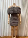One Shoulder Fuzzy Patchwork Mesh Mini Dress GMYU-10321