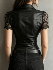 Lace Patchwork PU Leather Shirt GWDS-260421