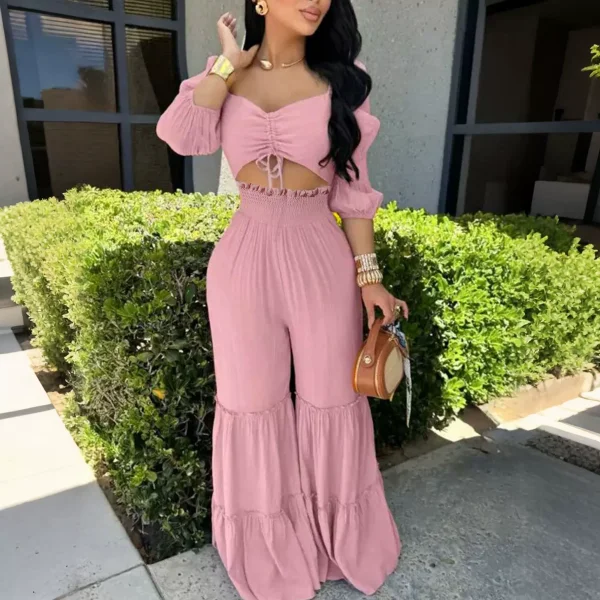 Puff-Sleeve Crop Top Ruffles Pants 2 Piece Set HNIF-YM075