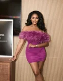 One Shoulder Fuzzy Patchwork Mesh Mini Dress GMYU-10321