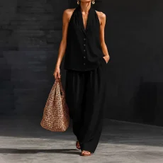 Halterneck Sleeveless Shirt Wide Leg Pants Suit HNIF-TY042