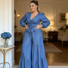Plus Size Bubble Sleeve Drawstring Top Wide Leg Pants Suit QMZF-21195