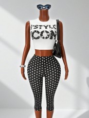 Letter Print Tank Top Polka Dot Pants Suit GHYX-TXY5463