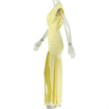 Solid Color Ruched V Neck Maxi Dress GJYO-JD305606