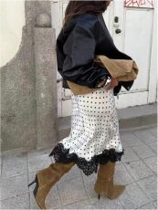 Lace Patchwork Polka Dot Print Mid-Skirts GXIY-K26L2106