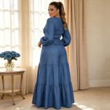 Plus Size Bubble Sleeve Drawstring Top Wide Leg Pants Suit QMZF-21195