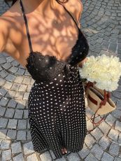 Polka Dot Print V Neck Lace Maxi Dress GXIY-K26L2736