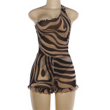 Print Slash Shoulder Mesh Top Two Piece Shorts Set DLSF-K6S12949A