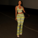 Stripe Print U Neck Halterneck Pant Suit GJYO-JS919186
