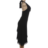 Halterneck Backless Tassel Irregular Dress DLSF-K6D12056A