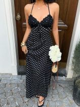 Polka Dot Print V Neck Lace Maxi Dress GXIY-K26L2736