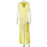 Solid Color Ruched V Neck Maxi Dress GJYO-JD305606