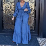 Plus Size Bubble Sleeve Drawstring Top Wide Leg Pants Suit QMZF-21195