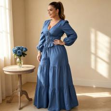Plus Size Bubble Sleeve Drawstring Top Wide Leg Pants Suit QMZF-21195
