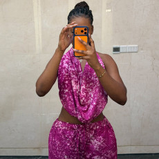 Loose Ruched Print Two Piece Pants Set GJYO-JS919197