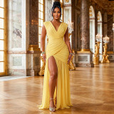 Solid Color Ruched V Neck Maxi Dress GJYO-JD305606