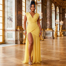 Solid Color Ruched V Neck Maxi Dress GJYO-JD305606