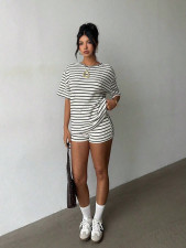 Stripe Short Sleeve Short Casual 2 Piece Set GXIY-K26L2604