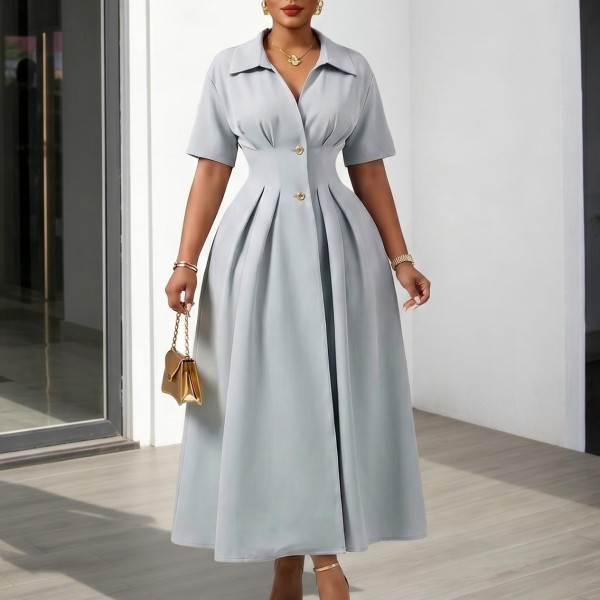 Plus Size Short Sleeve Lapel Midi Dress GATE-639