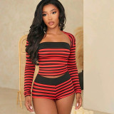 Stripe Long Sleeve Top Three Piece Shorts Set MXBF-J26ST262