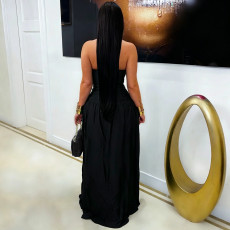 Halterneck Hollow Out Satin Split Maxi Dress BY-7762