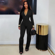 V Neck Zipper Long Sleeve Jumpsuit MZ-26012
