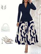 Long Sleeve Knits Top Print Skirt 2 Piece Set OD-8758