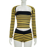 Stripe Long Sleeve Top Three Piece Shorts Set MXBF-J26ST262