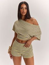 Slash Shoulder Short Sleeve T Shirt Shorts Suit GXIY-K26L2793