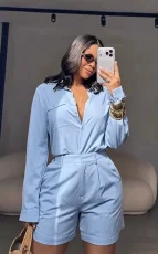 Long Sleeve Solid Shirts Two Piece Short Set GMYU-11322